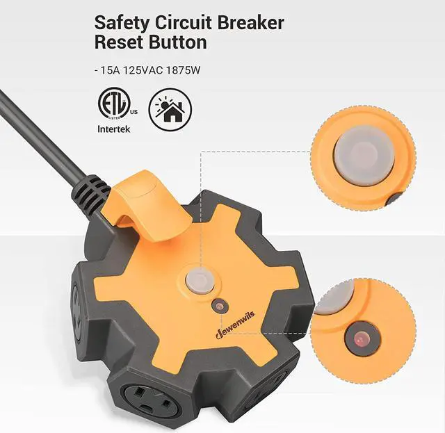 Alt view image 3 of 7 - DEWENWILS Industrial Power Strip with 5-Outlet Power Hub, 15FT Heavy Duty Extension Cord for Garage, Workshop, 14/3 AWG SJTW, 15A Circuit Breaker, Swivel Safety Covers, ETL Listed Yellow