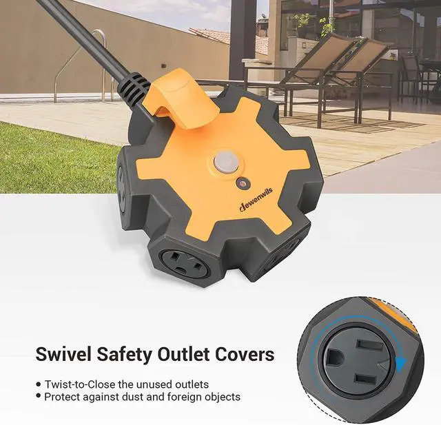 Alt view image 5 of 7 - DEWENWILS Industrial Power Strip with 5-Outlet Power Hub, 15FT Heavy Duty Extension Cord for Garage, Workshop, 14/3 AWG SJTW, 15A Circuit Breaker, Swivel Safety Covers, ETL Listed Yellow