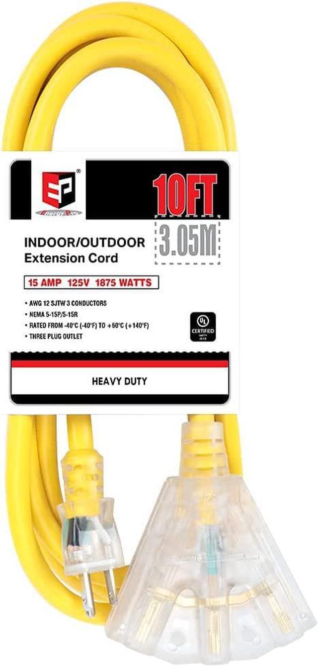 EP 10 Ft Lighted Outdoor Extension Cord with 3 Electrical Power Outlets -  12/3 SJTW Heavy Duty Yellow Extension Cable with 3 Prong Grounded Plug for  Safety, UL Listed 