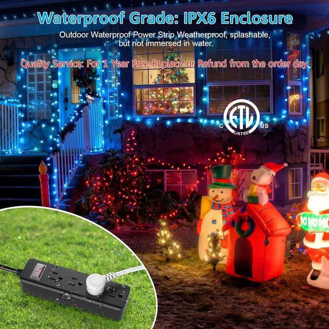 Alt view image 2 of 7 - CCCEI Outdoor Waterproof 25 FT Flat Plug Extension Cord Power Strip,1500J Surge Protector Weatherproof Indoor Exterior Multiple Outlet, 25 Foot Extra Long, 3 Prong, 4 Outlets, Black. (Black, 25FT)