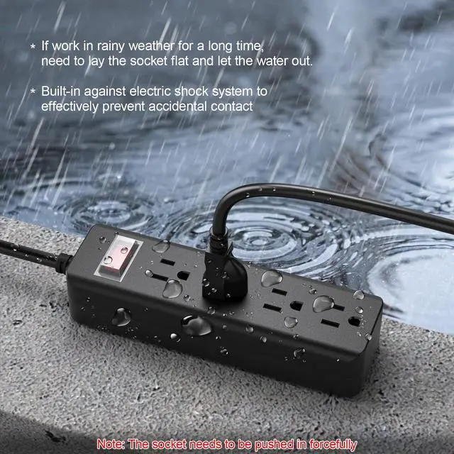 Alt view image 6 of 7 - CCCEI Outdoor Waterproof 25 FT Flat Plug Extension Cord Power Strip,1500J Surge Protector Weatherproof Indoor Exterior Multiple Outlet, 25 Foot Extra Long, 3 Prong, 4 Outlets, Black. (Black, 25FT)