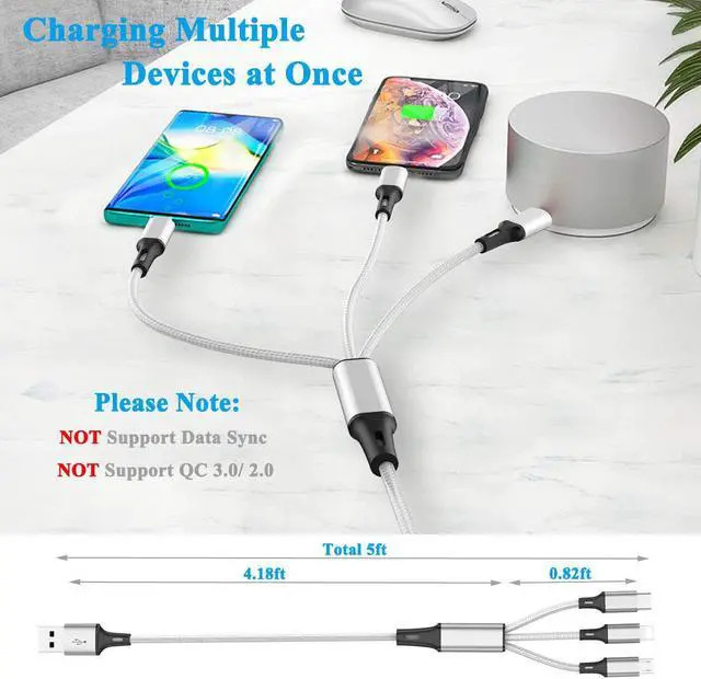 Alt view image 2 of 6 - Multi Charging Cable (2Pack 5FT) Multi USB Charger Cable Aluminum Nylon 3 in 1 Universal Multiple Charging Cord with Type-C/Micro USB Connectors for Most Phones & Tablets (Charging Only)