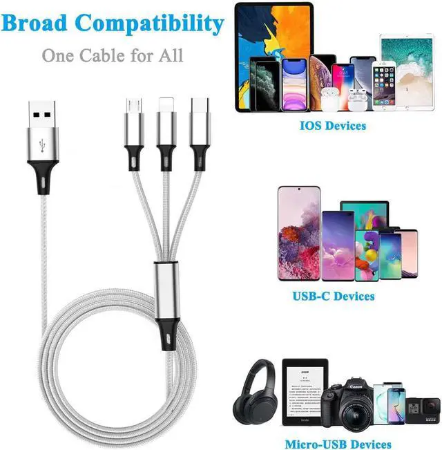 Alt view image 6 of 6 - Multi Charging Cable (2Pack 5FT) Multi USB Charger Cable Aluminum Nylon 3 in 1 Universal Multiple Charging Cord with Type-C/Micro USB Connectors for Most Phones & Tablets (Charging Only)