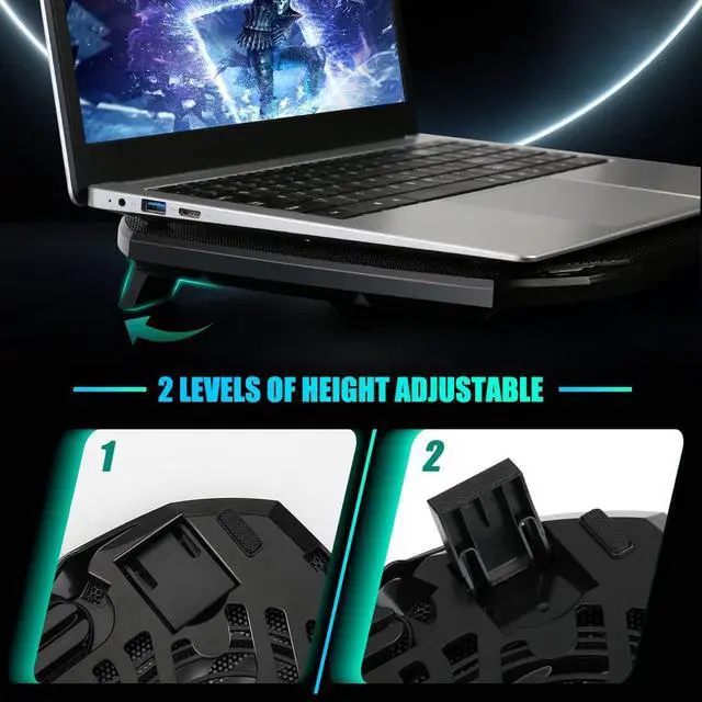 Alt view image 5 of 7 - Laptop Cooling Pad, Gaming Laptop Cooler with 2 Quiet Big Fans, RGB 7 Color Light Change, Portable USB Laptop Stand 11 to 15.6 Inch, Slim and Easy Carry Working Study Outdoor Travel, 2020