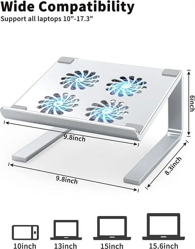 Alt view image 2 of 7 - Laptop Cooling Pad with 3.0 USB Hubs and Quiet Fans, Laptop Stand Cooler Prevent CPU Overheating, Ergonomic Stable Metal Computer Riser for 10-17.3 Gaming Office PC Notebook, Silver