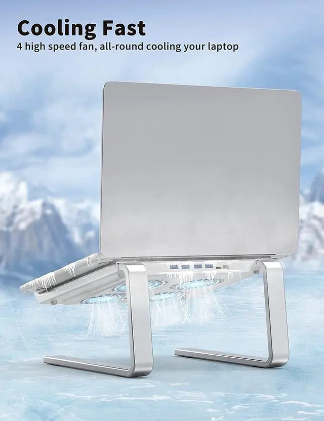 Alt view image 3 of 7 - Laptop Cooling Pad with 3.0 USB Hubs and Quiet Fans, Laptop Stand Cooler Prevent CPU Overheating, Ergonomic Stable Metal Computer Riser for 10-17.3 Gaming Office PC Notebook, Silver
