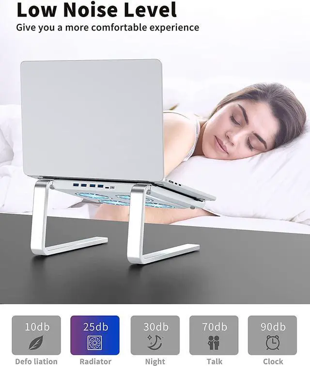 Alt view image 4 of 7 - Laptop Cooling Pad with 3.0 USB Hubs and Quiet Fans, Laptop Stand Cooler Prevent CPU Overheating, Ergonomic Stable Metal Computer Riser for 10-17.3 Gaming Office PC Notebook, Silver