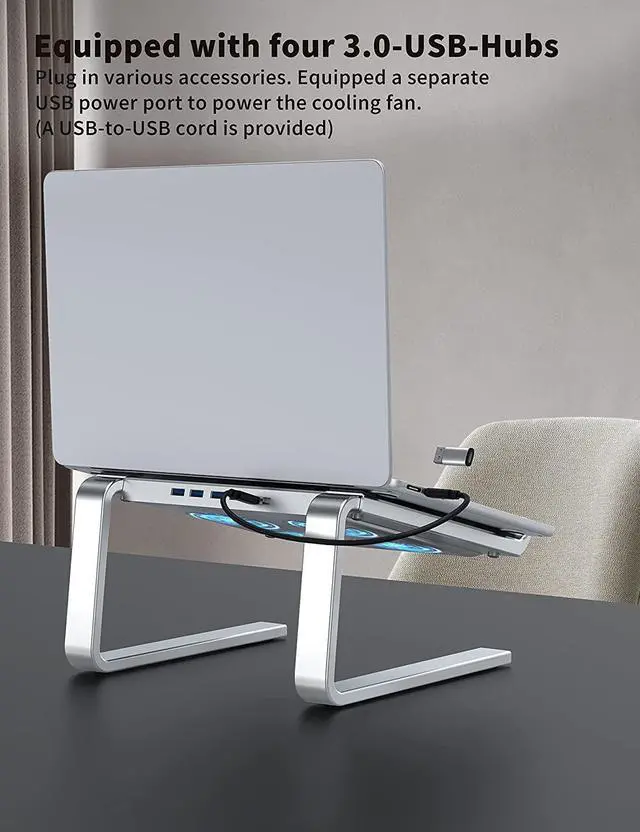 Alt view image 5 of 7 - Laptop Cooling Pad with 3.0 USB Hubs and Quiet Fans, Laptop Stand Cooler Prevent CPU Overheating, Ergonomic Stable Metal Computer Riser for 10-17.3 Gaming Office PC Notebook, Silver