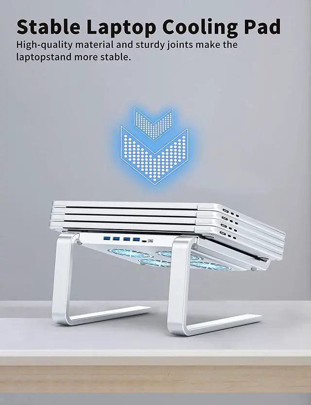 Alt view image 6 of 7 - Laptop Cooling Pad with 3.0 USB Hubs and Quiet Fans, Laptop Stand Cooler Prevent CPU Overheating, Ergonomic Stable Metal Computer Riser for 10-17.3 Gaming Office PC Notebook, Silver
