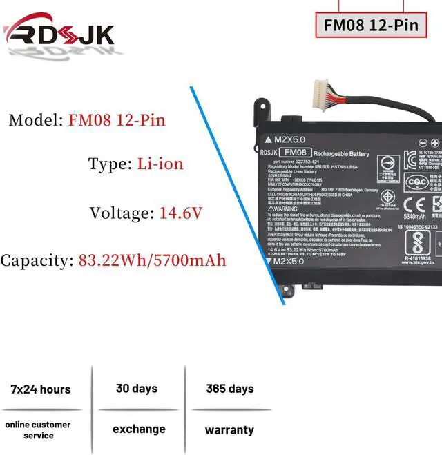 Alt view image 3 of 7 - FM08 Laptop Battery for HP Omen 17-AN013TX 17-AN014TX 17-AN014NG 17-AN012DX 17-AN041NG 17-AN080NZ 17-AN001CA AN1XX HSTNN-LB8A HSTNN-LB8B 922752-421 922753-421 922976-855 12-Pin Connector 14.6V 83.22Wh