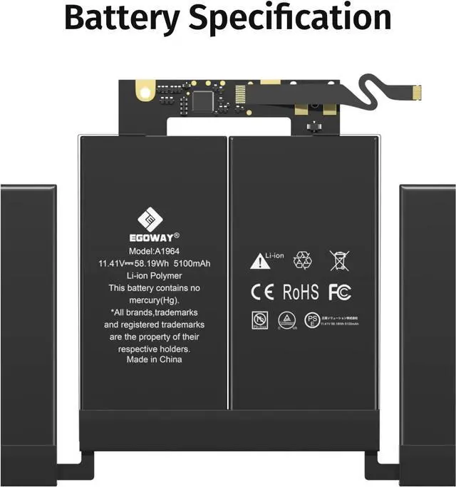 Alt view image 3 of 7 - A1989 A2251 Laptop Battery Egoway A1964 Replacement for MacBook Pro 13 Inch A1989 (Mid 2018 2019) & A2251 (2020) EMC 3214 3358 3348