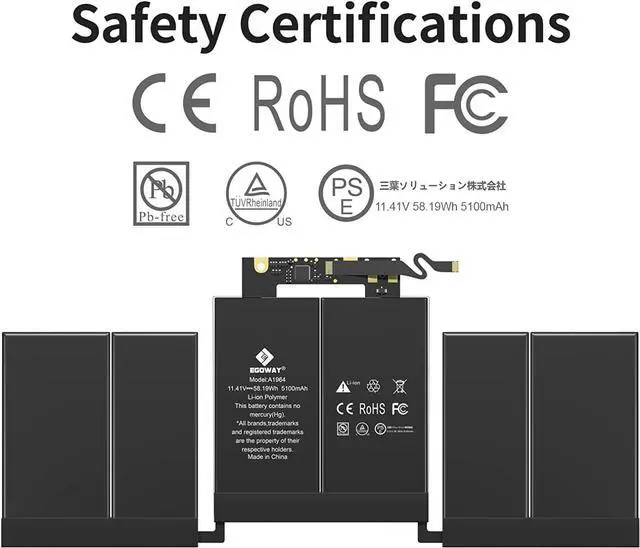 Alt view image 4 of 7 - A1989 A2251 Laptop Battery Egoway A1964 Replacement for MacBook Pro 13 Inch A1989 (Mid 2018 2019) & A2251 (2020) EMC 3214 3358 3348