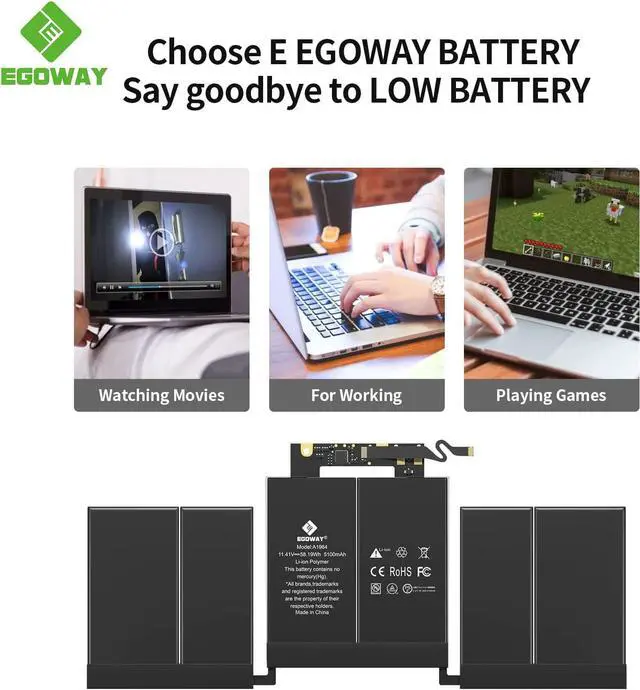 Alt view image 7 of 7 - A1989 A2251 Laptop Battery Egoway A1964 Replacement for MacBook Pro 13 Inch A1989 (Mid 2018 2019) & A2251 (2020) EMC 3214 3358 3348