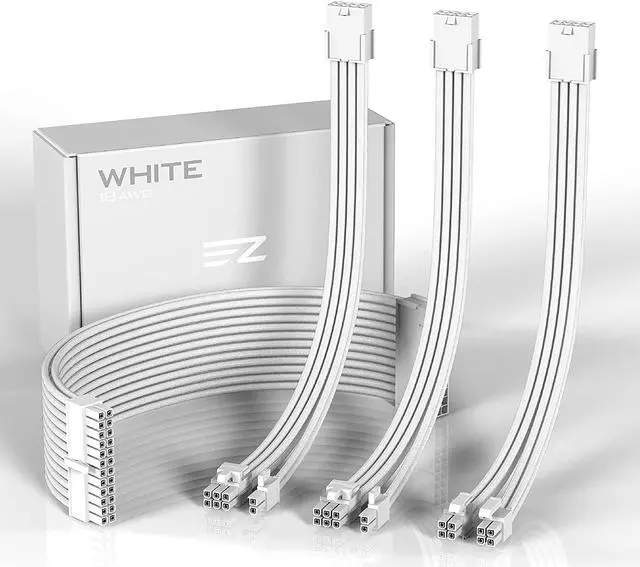 Main image of EZDIY-FAB PSU Extension Cable Sleeved Custom Mod PC Power Supply Cable, Soft Nylon Braided with Comb Kit 24PIN/8PIN to 6+2Pin/ 8PIN to 4+4PIN-30CM 300MM - All White Edition