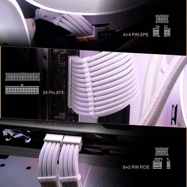 Alt view image 2 of 7 - EZDIY-FAB PSU Extension Cable Sleeved Custom Mod PC Power Supply Cable, Soft Nylon Braided with Comb Kit 24PIN/8PIN to 6+2Pin/ 8PIN to 4+4PIN-30CM 300MM - All White Edition