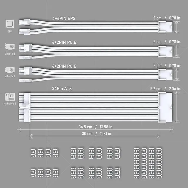 Alt view image 7 of 7 - EZDIY-FAB PSU Extension Cable Sleeved Custom Mod PC Power Supply Cable, Soft Nylon Braided with Comb Kit 24PIN/8PIN to 6+2Pin/ 8PIN to 4+4PIN-30CM 300MM - All White Edition