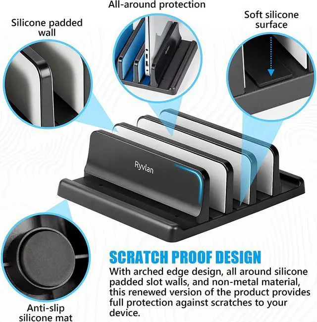Alt view image 5 of 7 - Vertical Laptop Stand 3 Slot Adjustable Laptop Storage Rack and Desk Organizer Silicone-Padded Holder for Multiple Devices Storage Compatible Stand for Tablets and Devices up to 17 Inches