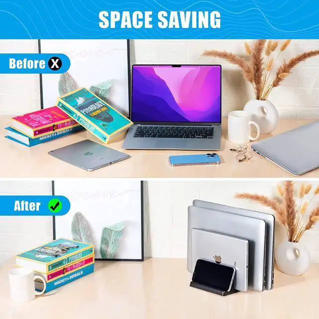 Alt view image 6 of 7 - Vertical Laptop Stand 3 Slot Adjustable Laptop Storage Rack and Desk Organizer Silicone-Padded Holder for Multiple Devices Storage Compatible Stand for Tablets and Devices up to 17 Inches