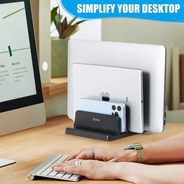 Alt view image 7 of 7 - Vertical Laptop Stand, 3 Slot Adjustable Laptop Storage Rack and Desk Organizer, Silicone-Padded Holder for Multiple Devices Storage, Compatible Stand for Tablets and Devices up to 17 Inches