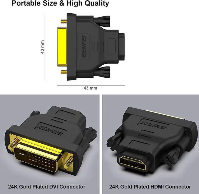 Alt view image 6 of 7 - DVI to HDMI Bidirectional DVI (DVI-D) to HDMI Male to Female Adapter with Gold-Plated Cord 2 Pack