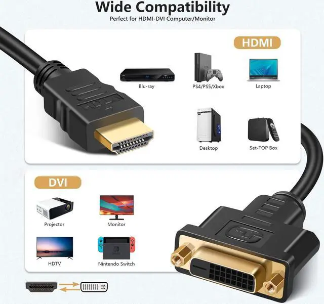 Alt view image 7 of 7 - HDMI to DVI Adapter Cable Bi-Directional HDMI Male to DVI-D (24+1) Female Converter Cord 1080P DVI to HDMI HD Video Adapter Wire for HDTV PC Xbox Blue-ray DVD A/V Receivers