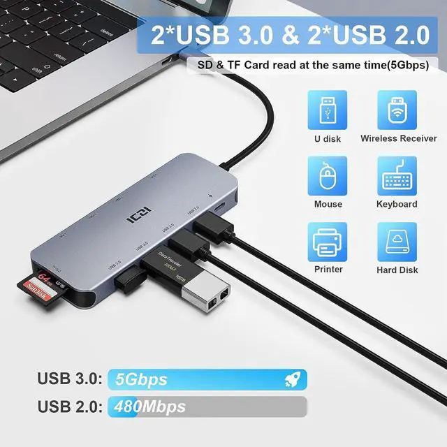 Alt view image 6 of 7 - USB C Docking Station Dual Monitor, ICZI 11 in 1 Triple Display USB C Hub Multiport Adapter for MacBook/Dell/HP/Lenovo/Surface Pro Laptop, USB C Dongle(2 HDMI 4K+VGA+100W PD+4 USB Port+Ethernet+SD/TF)
