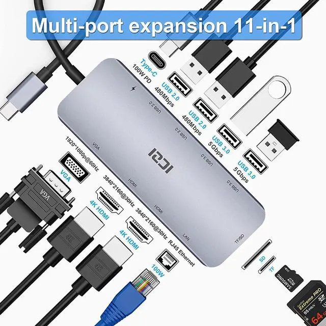 Alt view image 3 of 7 - USB C Docking Station Dual Monitor, ICZI 11 in 1 Triple Display USB C Hub Multiport Adapter for MacBook/Dell/HP/Lenovo/Surface Pro Laptop, USB C Dongle(2 HDMI 4K+VGA+100W PD+4 USB Port+Ethernet+SD/TF)