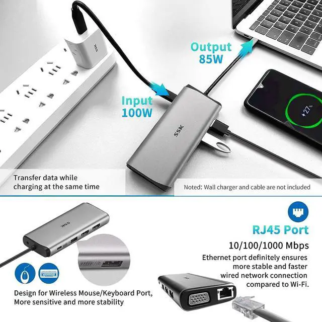 Alt view image 5 of 7 - SSK Laptop USB C Docking Station Dual Monitor,HDMI 4K/60Hz Multiport Adapter 11 in 1 USB C Hub, Thunderbolt Dock Triple Display with 2 HDMI+VGA,RJ45 Ethernet,100W PD,3 USB for MacBook,,HP,Lenovo