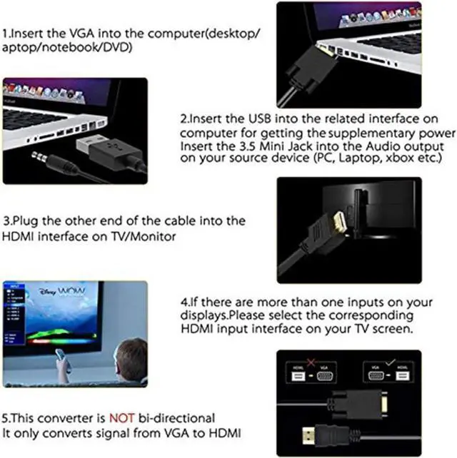 Alt view image 7 of 7 - VGA to HDMI 1080P Adapter (Male to Female) for Computer Desktop Laptop PC Monitor Projector HDTV with Audio Cable and USB Cable (1 Pcs)