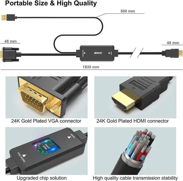 Alt view image 6 of 7 - VGA to HDMI Cable 1.8M 1080P Cable from VGA Computer/Laptop to HDMI Monoitor/TV with Audio Support(Not Bidirectional)