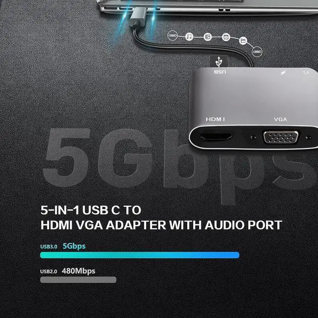 Alt view image 3 of 7 - USB C to HDMI VAG Adapter 5-in-1 USB C Hub with 100W Power Delivery 4K HDMI 1080P VGA USB 3.0 Port OTG Adapter Compatible with MacBook Air iPad Pro  XPS Surface Pro (Grey)