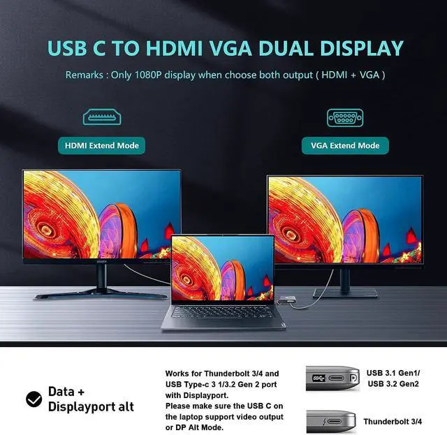 Alt view image 5 of 7 - USB C to HDMI VAG Adapter 5-in-1 USB C Hub with 100W Power Delivery 4K HDMI 1080P VGA USB 3.0 Port OTG Adapter Compatible with MacBook Air iPad Pro  XPS Surface Pro (Grey)