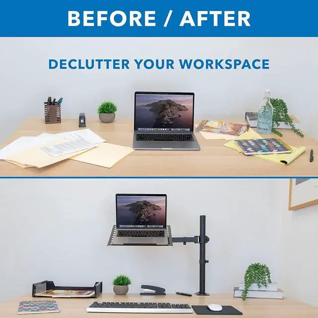 Alt view image 2 of 7 - Mount-It! Laptop Desk Mount, Fully Adjustable Ergonomic Laptop Arm with Vented Tray, Cable Management, Clamp and Grommet Base, Fits Laptops up to 17 Inches, Black