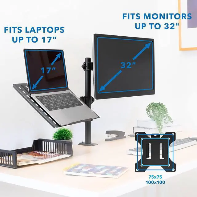 Alt view image 2 of 7 - Mount-It! Laptop Desk Mount with Monitor Arm, Dual Laptop and Monitor Stand, Fully Adjustable, VESA Compatible, Ventilated Tray, Fits 13-32" Screens and Laptops up to 17", Clamp & Grommet Base