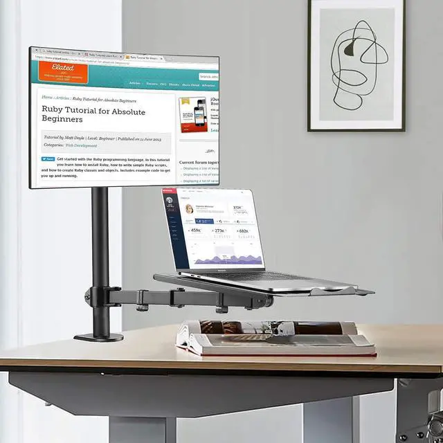 Alt view image 2 of 7 - Suptek Monitor and Laptop Mount,Adjustable Monitor Arm Stand with Laptop Tray for 13-27 inch,Hold 22 lbs, with Clamp and Grommet Mounting Base