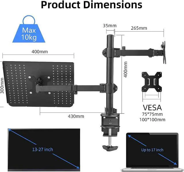 Alt view image 3 of 7 - Suptek Monitor and Laptop Mount,Adjustable Monitor Arm Stand with Laptop Tray for 13-27 inch,Hold 22 lbs, with Clamp and Grommet Mounting Base