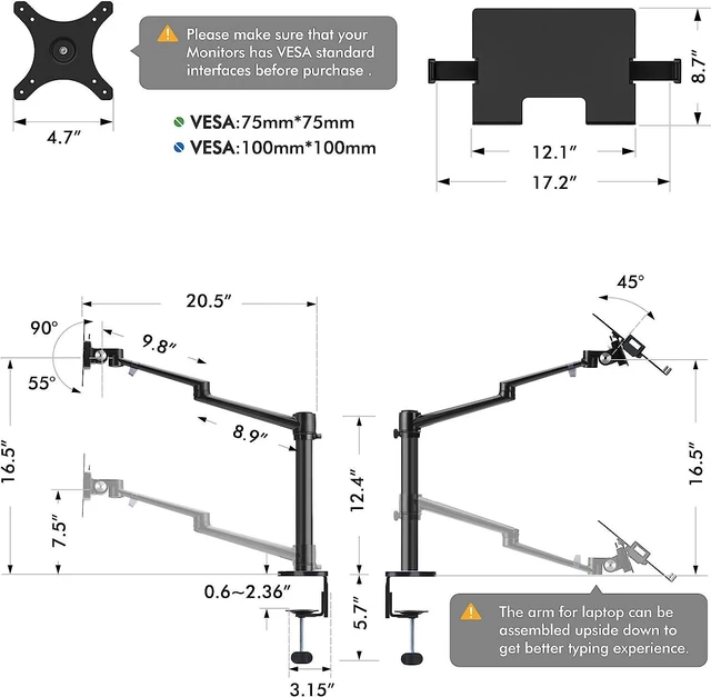 Alt view image 5 of 7 - Viozon Laptop/Notebook/Projector Mount Stand, Height Adjustable Single Arm Mount Support 12-17 inch Laptop/Notebook/Tablet, Free Removable VESA 75X75 and 100X100 for Monitor 17-32 inch.