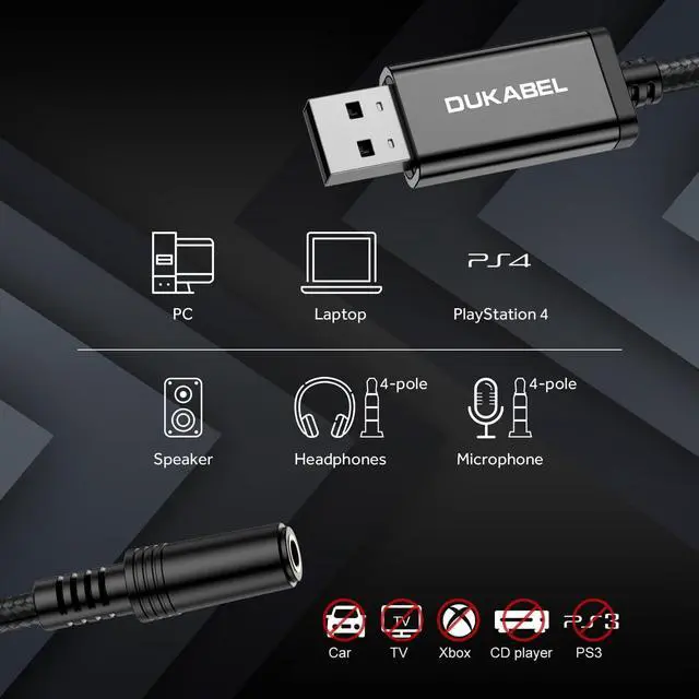 Alt view image 2 of 7 - USB to 3.5mm Jack Audio Adapter USB to Aux Cable with TRRS 4-Pole Mic-Supported USB to Headphone AUX Adapter Built-in Chip External Sound Card for PC PS4 PS5 and More [9.8 inch]