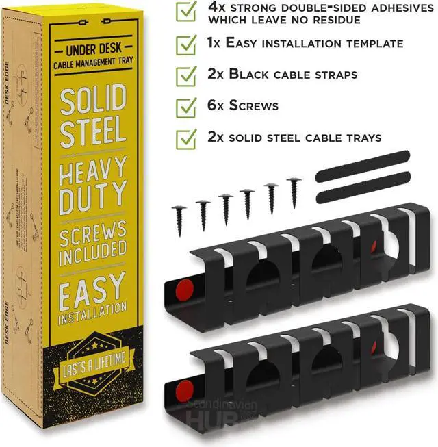 Alt view image 2 of 5 - Under Desk Cable Management Tray - No Drill Cable Management for Glass Desk. Under Desk Cable Organizer for Wire Management. Perfect Standing Desk Cable Management Rack (Black - Set of 2)