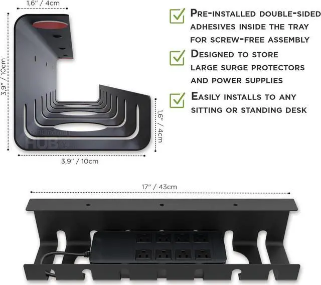 Alt view image 4 of 5 - Under Desk Cable Management Tray - No Drill Cable Management for Glass Desk. Under Desk Cable Organizer for Wire Management. Perfect Standing Desk Cable Management Rack (Black - Set of 2)
