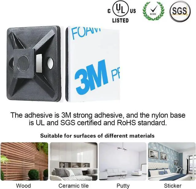 Alt view image 2 of 7 - 3/4 Strong Back-Glue Self Adhesive Black Cable Zip Tie Mounts 100pcs with 8 Zip Ties Screws UV Protection Outdoor Sticky Wire Fasteners Cable Clips Management Anchors Organizer Holders Squares