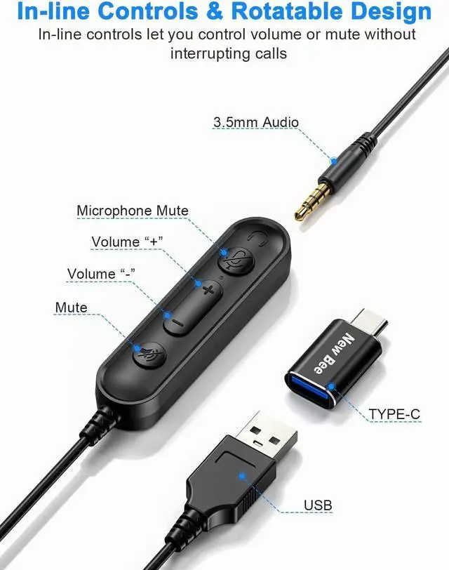 Alt view image 6 of 6 - New Bee USB Headset with Noise Cancelling Mic Single Ear Headset for PC Call Center Skype Zoom Tablet Laptop