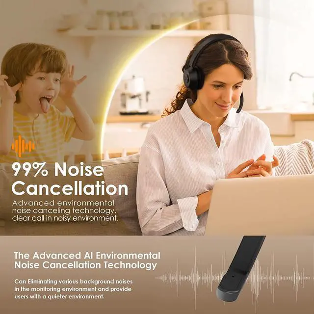 Alt view image 2 of 7 - Bluetooth Headset V5.1, Wireless Headset with Noise Canceling Microphone, 40 Hrs Work Time Office Headset with Bluetooth Dongle & Charging Base, AptX HD On-Ear Headphones with Mute Button (Black)