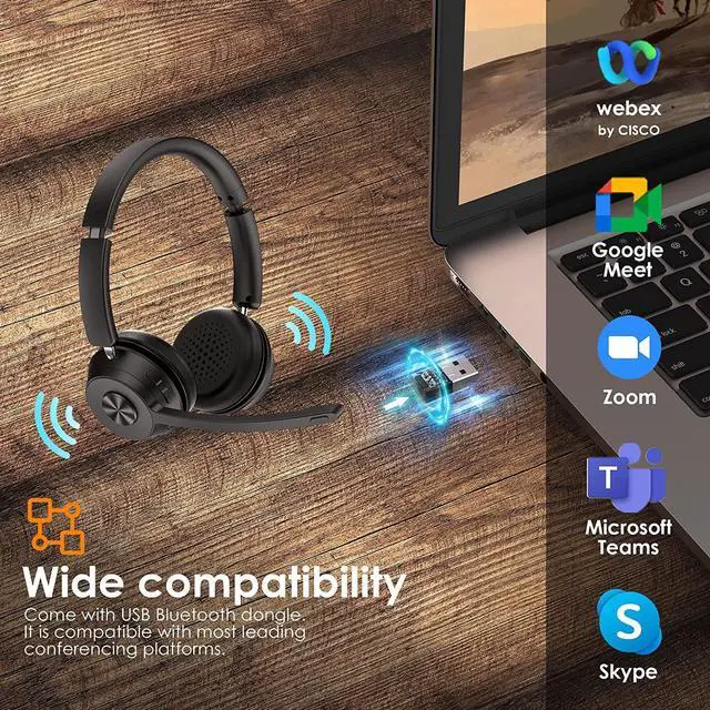 Alt view image 4 of 7 - Bluetooth Headset V5.1, Wireless Headset with Noise Canceling Microphone, 40 Hrs Work Time Office Headset with Bluetooth Dongle & Charging Base, AptX HD On-Ear Headphones with Mute Button (Black)