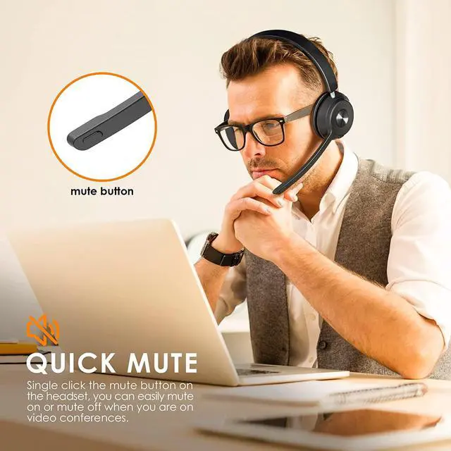 Alt view image 6 of 7 - Bluetooth Headset V5.1, Wireless Headset with Noise Canceling Microphone, 40 Hrs Work Time Office Headset with Bluetooth Dongle & Charging Base, AptX HD On-Ear Headphones with Mute Button (Black)