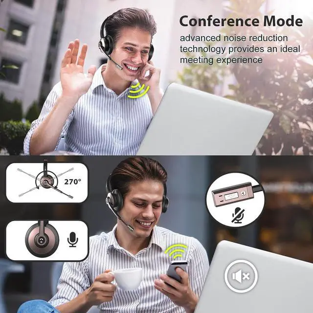 Alt view image 3 of 7 - Wireless Headset Bluetooth Headsets with Microphone Noise Cancelling On Ear Headphones with Mic Mute Handsfree PC Headsets for Zoom/Ms Teams/Skype/Dual Connect/Laptop/iPhone/Tablet