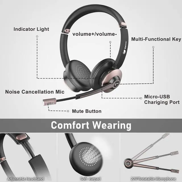 Alt view image 6 of 7 - Wireless Headset Bluetooth Headsets with Microphone Noise Cancelling On Ear Headphones with Mic Mute Handsfree PC Headsets for Zoom/Ms Teams/Skype/Dual Connect/Laptop/iPhone/Tablet