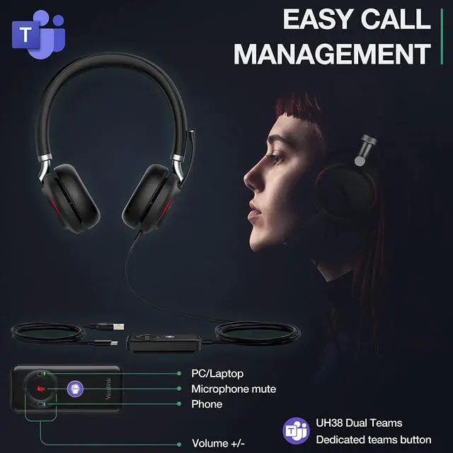 Alt view image 6 of 7 - UH38 Bluetooth USB Wired Headset, Work Headset with Noise Cancelling Microphone, Teams Certified, Comfort Fit, Dual Connect for PC Computer & Mobile Devices, Dual Busylight