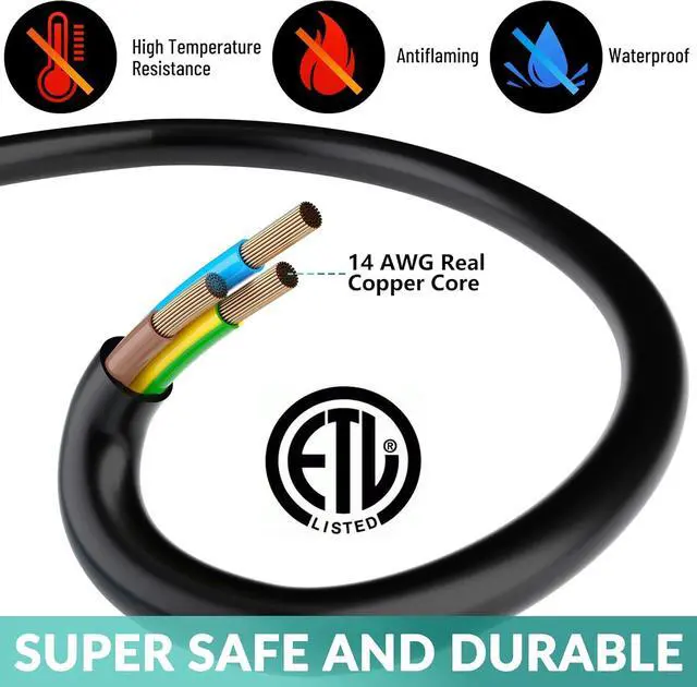 Alt view image 3 of 6 - Outdoor Extension Cord 10 Ft with 3 Outlets, 14/3 SJTW 3 Prong Grounded Power Cord, 14 Gauge 14AWG Heavy Duty Power Cable, ETL Listed, 15 Amp 125 V 1875 W-Multiple Outlets for Indoor/Outdoor-Black