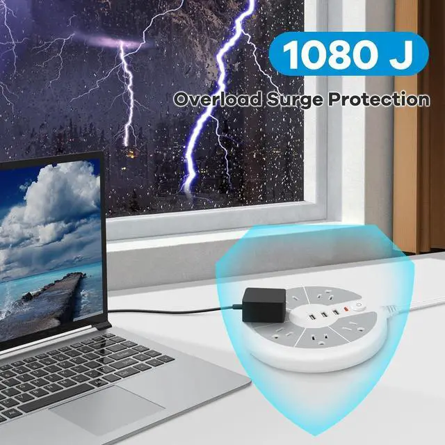 Alt view image 6 of 7 - Flat Plug Power Strip with Surge Protection - 6 Outlets Flat Extension Cord Surge Protector with 3 USB Ports - Compact Charging Station Multi Plug Outlet Extender for Electronic Deivces, Home, Office